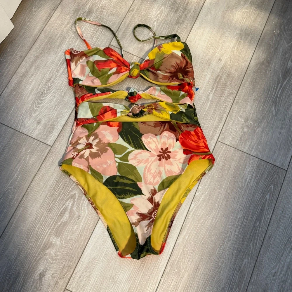 Aerie American Eagle Cut Out One Piece Swimsuit Bikini Bright Floral Triple Knot